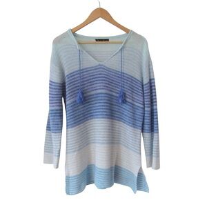Claudia Nichole Blue Cashmere Cotton Sweater Medium Ombre Tassel Striped Knit